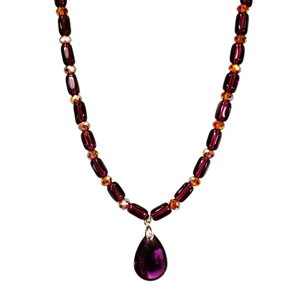 Purple teardrop glass pendant necklace with tube and rondelle shape glass beads.